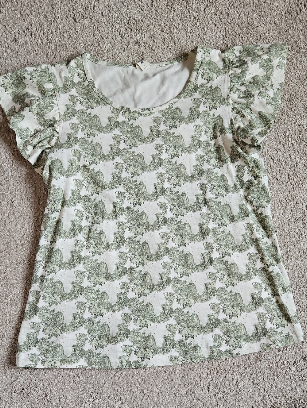Kate Quinn Women’s Large Cotton Top Green Print Ruffle Sleeve Casual